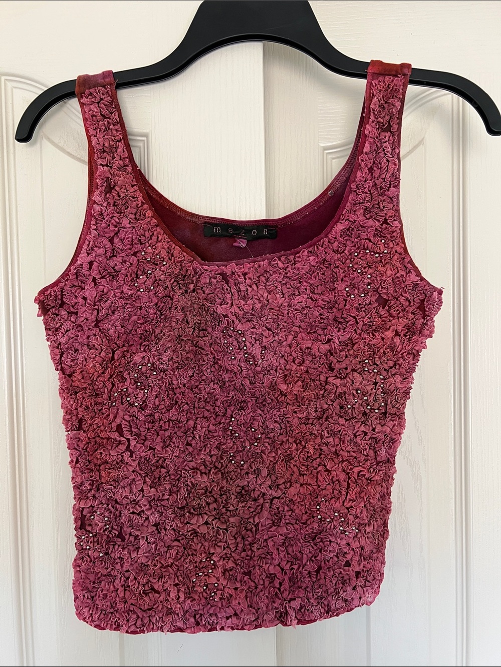 Mezon Rose-Pink Textured Rosette Tank Top with Rhinestone Accents